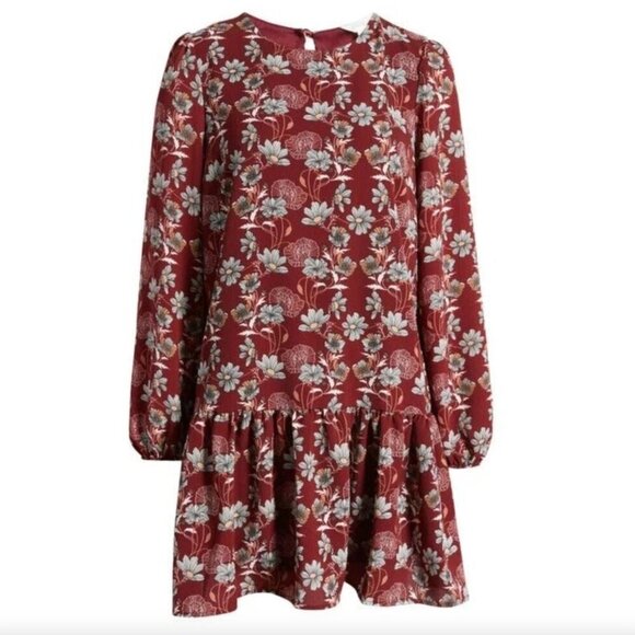 NEW NWT CASLON Floral Print Long Sleeve Drop Waist Mini Dress Burgundy Maroon S - Picture 3 of 15